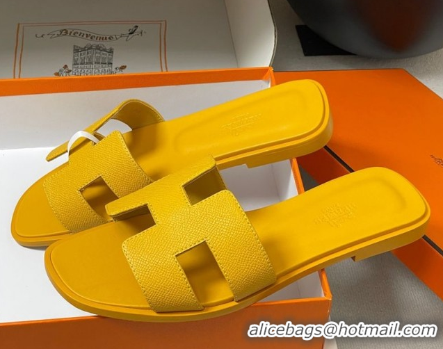 Popular Style Hermes Oran Classic Flat Slides Sandal in Palm-Grained Calfskin Dark Yellow 0819015