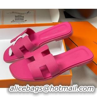 Luxury Hermes Oran Classic Flat Slides Sandal in Palm-Grained Calfskin Fuchsia Pink 0819016