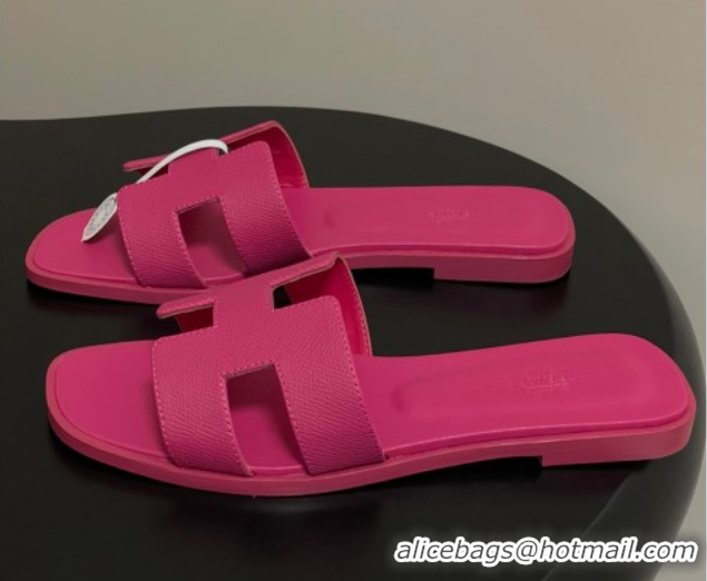 Luxury Hermes Oran Classic Flat Slides Sandal in Palm-Grained Calfskin Fuchsia Pink 0819016
