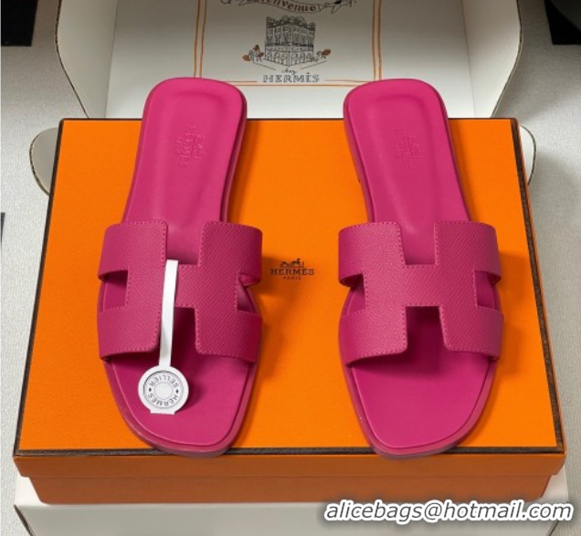 Luxury Hermes Oran Classic Flat Slides Sandal in Palm-Grained Calfskin Fuchsia Pink 0819016