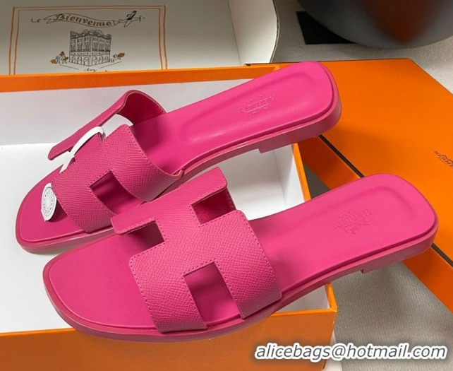 Luxury Hermes Oran Classic Flat Slides Sandal in Palm-Grained Calfskin Fuchsia Pink 0819016