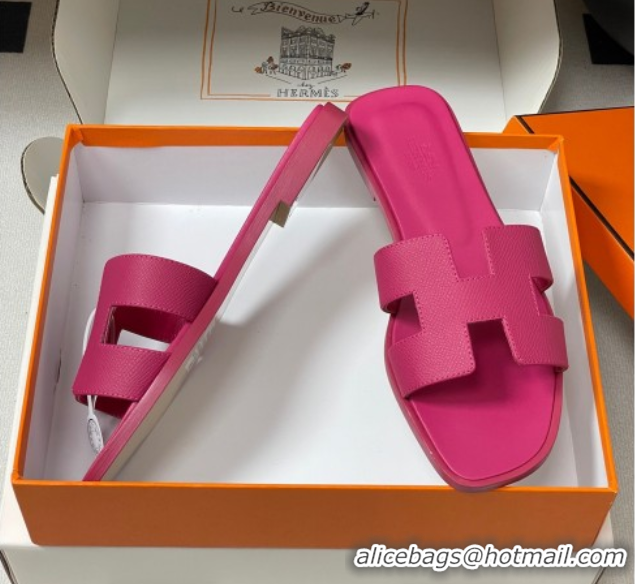 Luxury Hermes Oran Classic Flat Slides Sandal in Palm-Grained Calfskin Fuchsia Pink 0819016
