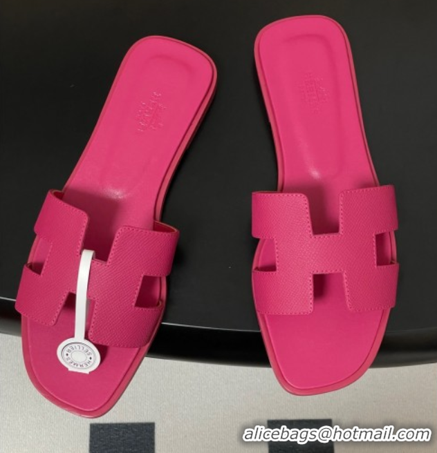 Luxury Hermes Oran Classic Flat Slides Sandal in Palm-Grained Calfskin Fuchsia Pink 0819016