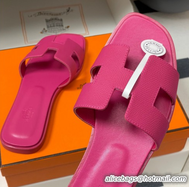Luxury Hermes Oran Classic Flat Slides Sandal in Palm-Grained Calfskin Fuchsia Pink 0819016
