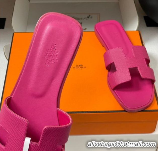 Luxury Hermes Oran Classic Flat Slides Sandal in Palm-Grained Calfskin Fuchsia Pink 0819016