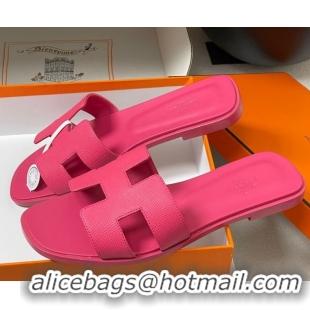 Discount Hermes Oran Classic Flat Slides Sandal in Palm-Grained Calfskin Dark Pink 0819017