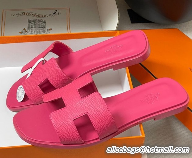 Discount Hermes Oran Classic Flat Slides Sandal in Palm-Grained Calfskin Dark Pink 0819017