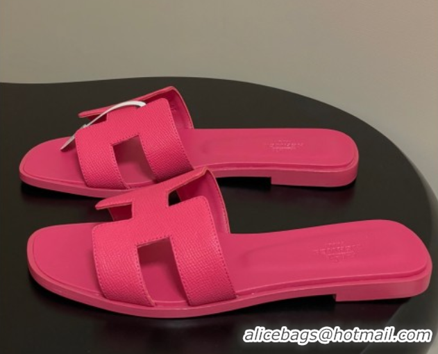 Discount Hermes Oran Classic Flat Slides Sandal in Palm-Grained Calfskin Dark Pink 0819017