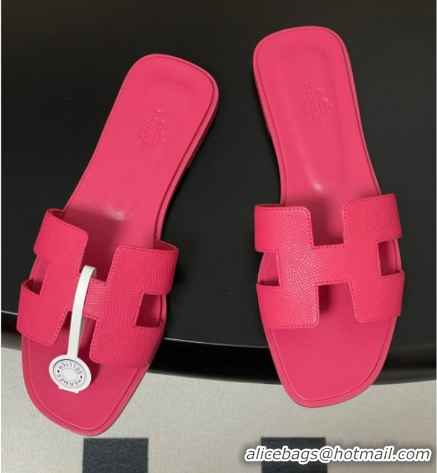 Discount Hermes Oran Classic Flat Slides Sandal in Palm-Grained Calfskin Dark Pink 0819017
