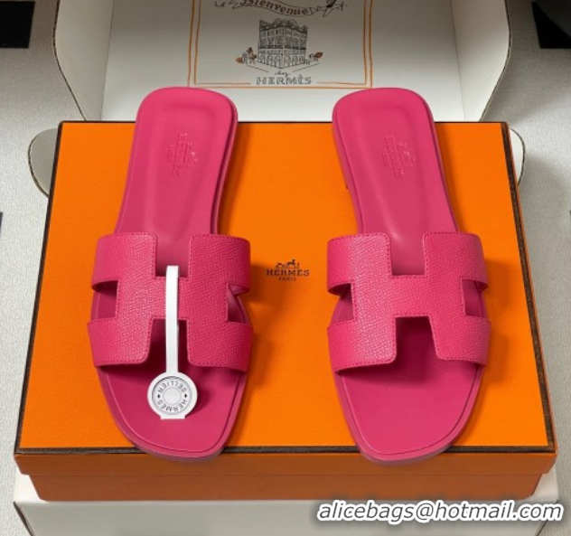 Discount Hermes Oran Classic Flat Slides Sandal in Palm-Grained Calfskin Dark Pink 0819017