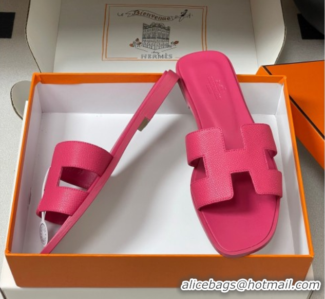 Discount Hermes Oran Classic Flat Slides Sandal in Palm-Grained Calfskin Dark Pink 0819017