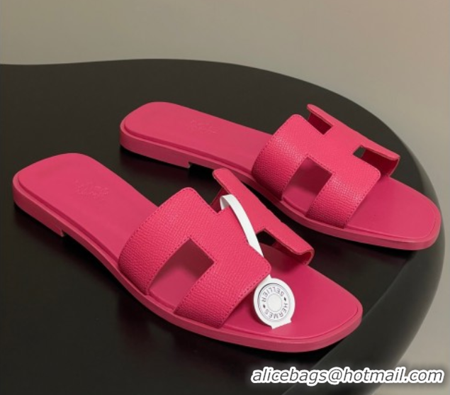 Discount Hermes Oran Classic Flat Slides Sandal in Palm-Grained Calfskin Dark Pink 0819017
