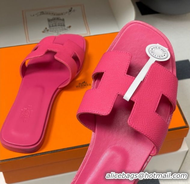 Discount Hermes Oran Classic Flat Slides Sandal in Palm-Grained Calfskin Dark Pink 0819017