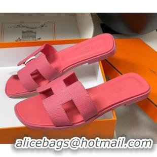 Good Quality Hermes Oran Classic Flat Slides Sandal in Palm-Grained Calfskin Pink 0819018