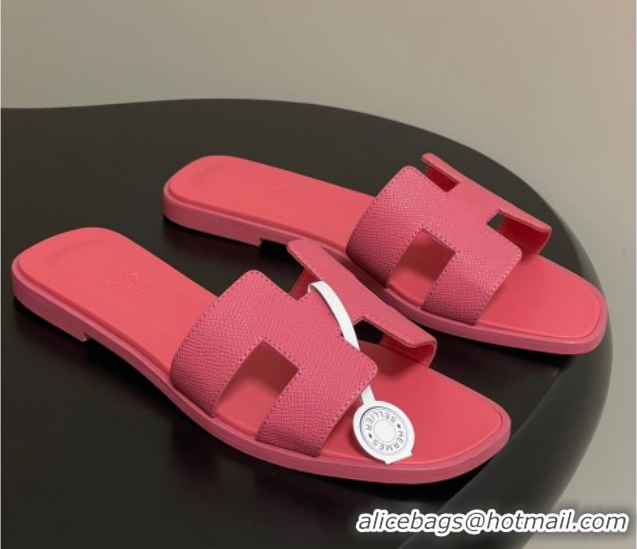 Good Quality Hermes Oran Classic Flat Slides Sandal in Palm-Grained Calfskin Pink 0819018