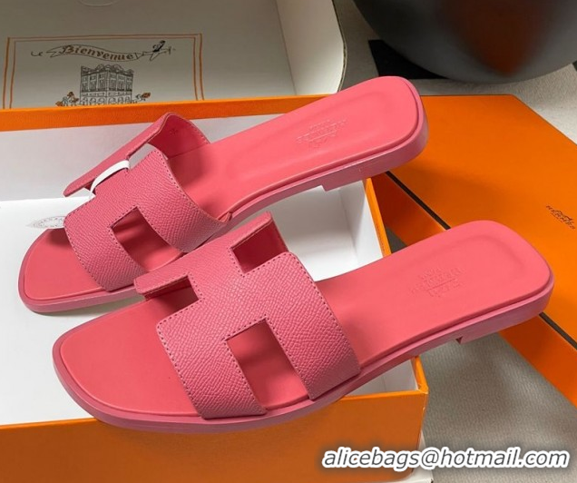Good Quality Hermes Oran Classic Flat Slides Sandal in Palm-Grained Calfskin Pink 0819018