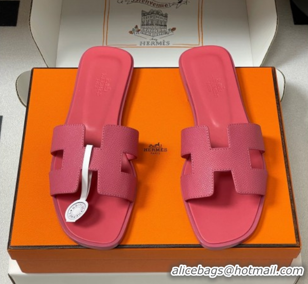 Good Quality Hermes Oran Classic Flat Slides Sandal in Palm-Grained Calfskin Pink 0819018