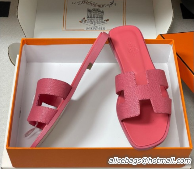 Good Quality Hermes Oran Classic Flat Slides Sandal in Palm-Grained Calfskin Pink 0819018