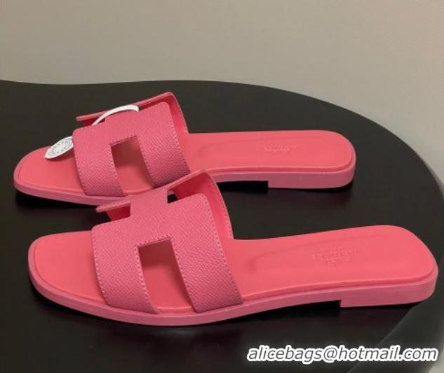 Good Quality Hermes Oran Classic Flat Slides Sandal in Palm-Grained Calfskin Pink 0819018