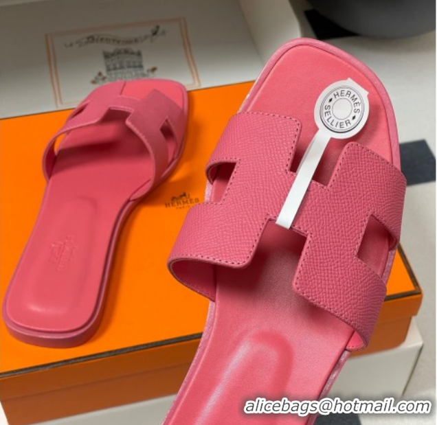 Good Quality Hermes Oran Classic Flat Slides Sandal in Palm-Grained Calfskin Pink 0819018