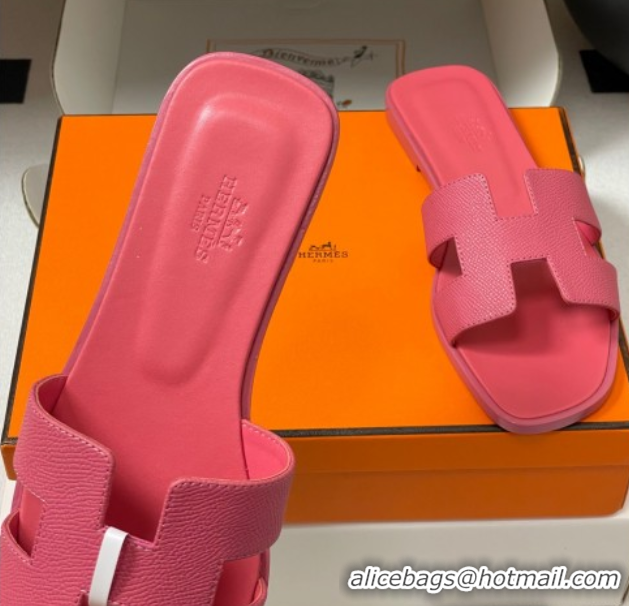 Good Quality Hermes Oran Classic Flat Slides Sandal in Palm-Grained Calfskin Pink 0819018
