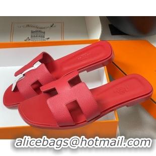 Classic Hot Hermes Oran Classic Flat Slides Sandal in Palm-Grained Calfskin Red 0819019