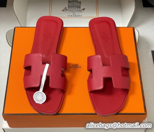Classic Hot Hermes Oran Classic Flat Slides Sandal in Palm-Grained Calfskin Red 0819019