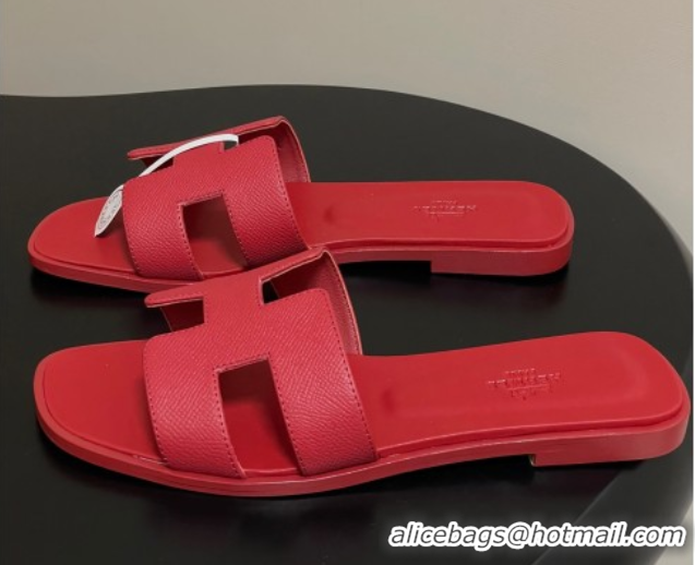 Classic Hot Hermes Oran Classic Flat Slides Sandal in Palm-Grained Calfskin Red 0819019