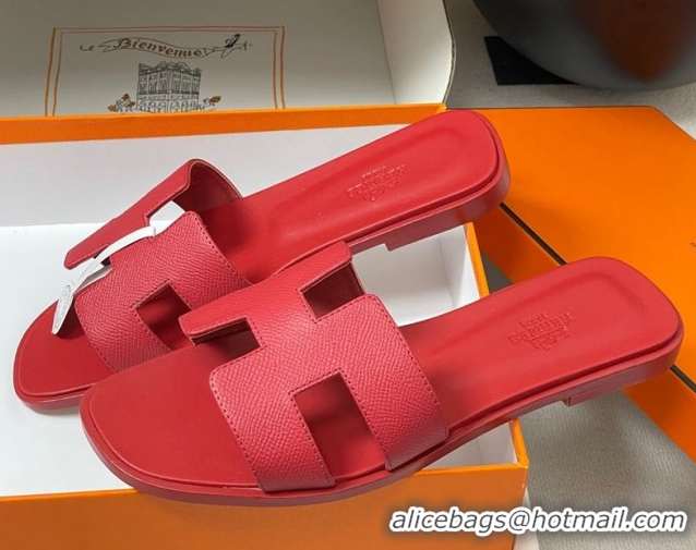 Classic Hot Hermes Oran Classic Flat Slides Sandal in Palm-Grained Calfskin Red 0819019