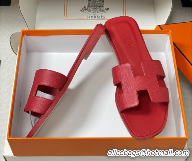 Classic Hot Hermes Oran Classic Flat Slides Sandal in Palm-Grained Calfskin Red 0819019