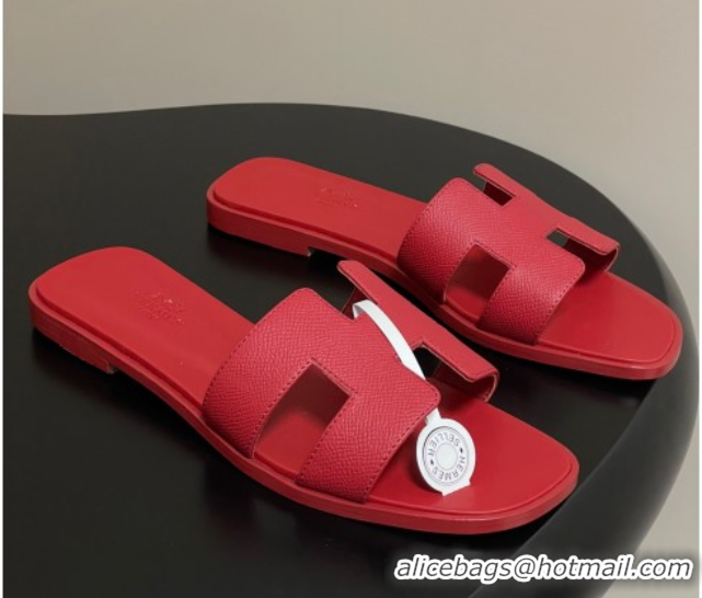 Classic Hot Hermes Oran Classic Flat Slides Sandal in Palm-Grained Calfskin Red 0819019