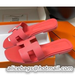 Good Product Hermes Oran Classic Flat Slides Sandal in Palm-Grained Calfskin Pink 0819020