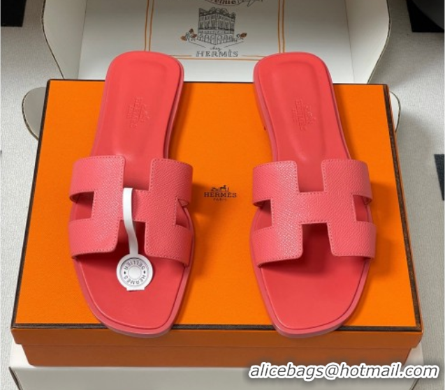 Good Product Hermes Oran Classic Flat Slides Sandal in Palm-Grained Calfskin Pink 0819020