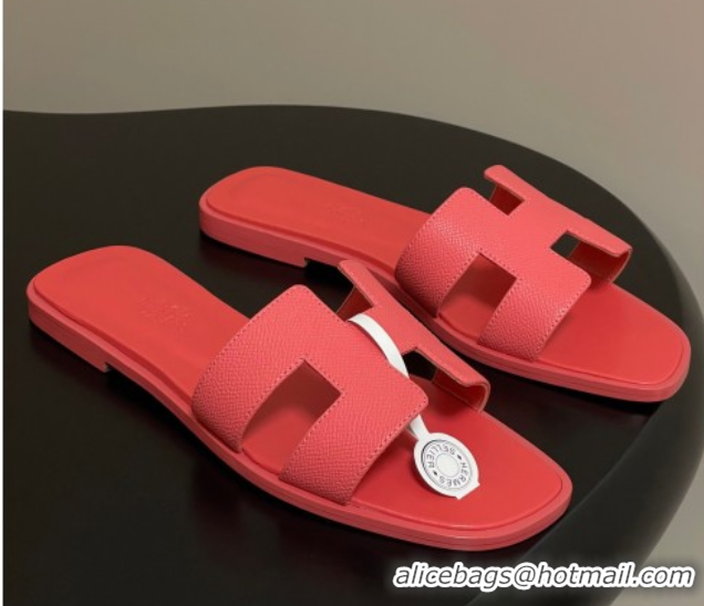 Good Product Hermes Oran Classic Flat Slides Sandal in Palm-Grained Calfskin Pink 0819020