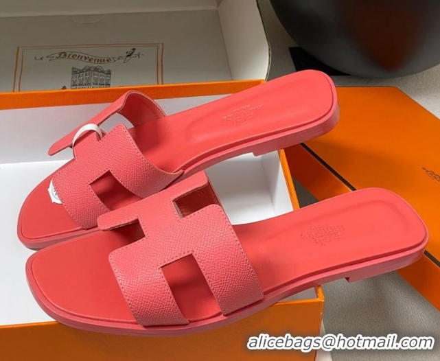 Good Product Hermes Oran Classic Flat Slides Sandal in Palm-Grained Calfskin Pink 0819020