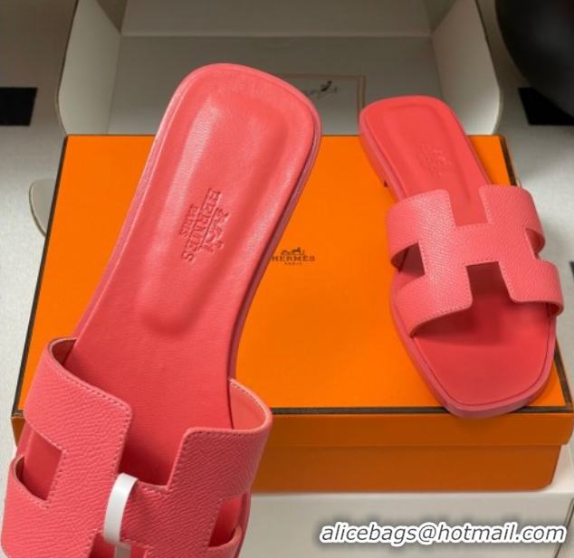 Good Product Hermes Oran Classic Flat Slides Sandal in Palm-Grained Calfskin Pink 0819020