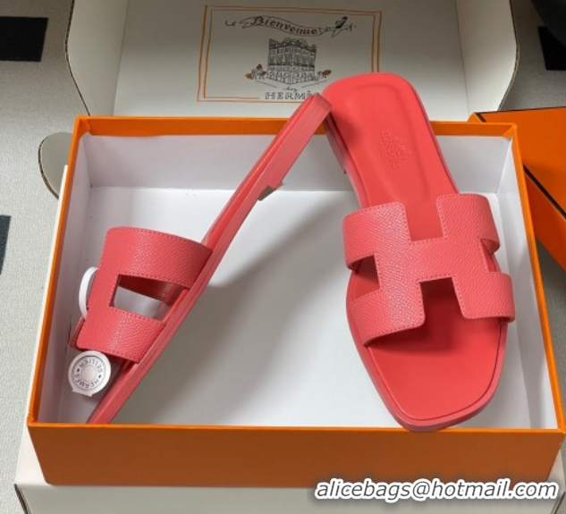 Good Product Hermes Oran Classic Flat Slides Sandal in Palm-Grained Calfskin Pink 0819020