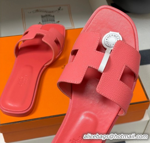 Good Product Hermes Oran Classic Flat Slides Sandal in Palm-Grained Calfskin Pink 0819020