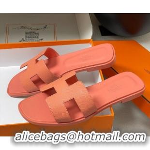 Lower Price Hermes Oran Classic Flat Slides Sandal in Palm-Grained Calfskin Peachy Pink 0819021
