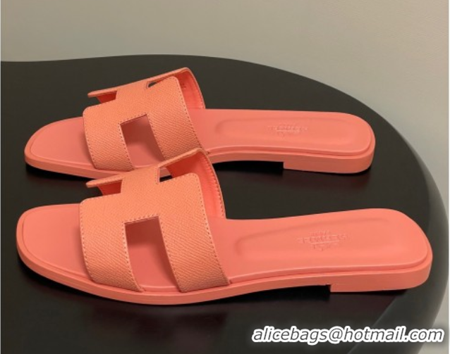 Lower Price Hermes Oran Classic Flat Slides Sandal in Palm-Grained Calfskin Peachy Pink 0819021
