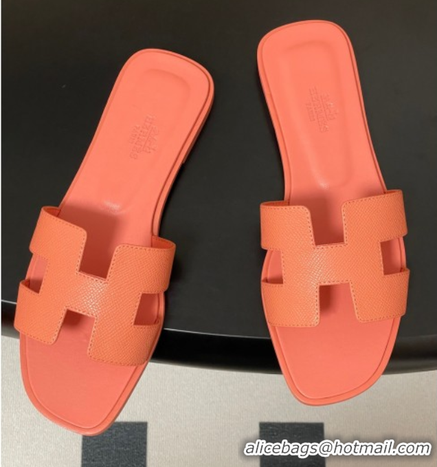 Lower Price Hermes Oran Classic Flat Slides Sandal in Palm-Grained Calfskin Peachy Pink 0819021
