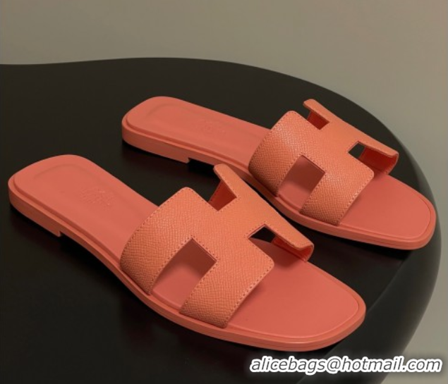 Lower Price Hermes Oran Classic Flat Slides Sandal in Palm-Grained Calfskin Peachy Pink 0819021