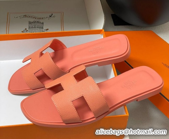 Lower Price Hermes Oran Classic Flat Slides Sandal in Palm-Grained Calfskin Peachy Pink 0819021