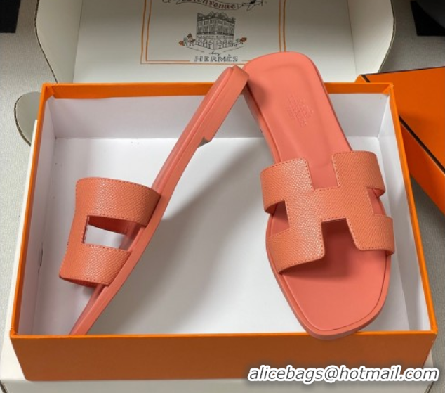 Lower Price Hermes Oran Classic Flat Slides Sandal in Palm-Grained Calfskin Peachy Pink 0819021