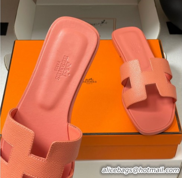 Lower Price Hermes Oran Classic Flat Slides Sandal in Palm-Grained Calfskin Peachy Pink 0819021