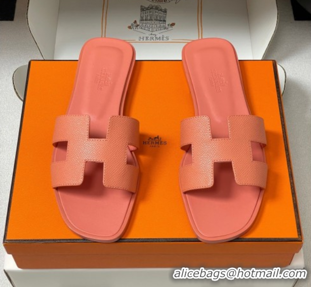 Lower Price Hermes Oran Classic Flat Slides Sandal in Palm-Grained Calfskin Peachy Pink 0819021