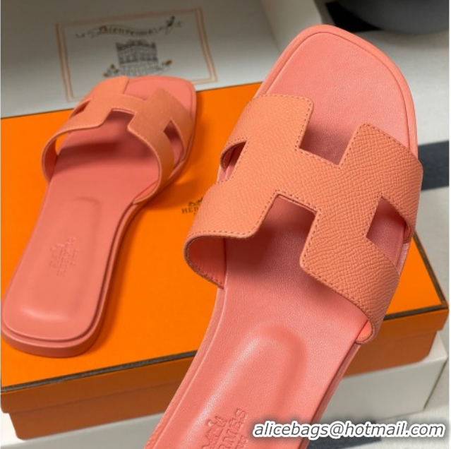 Lower Price Hermes Oran Classic Flat Slides Sandal in Palm-Grained Calfskin Peachy Pink 0819021