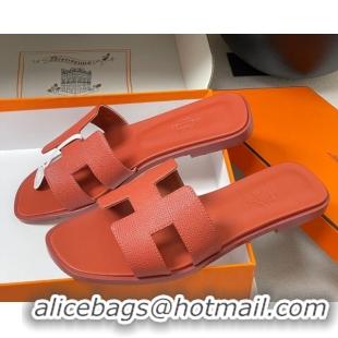 Shop Duplicate Hermes Oran Classic Flat Slides Sandal in Palm-Grained Calfskin Brown 0819022