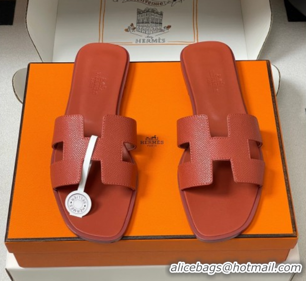 Shop Duplicate Hermes Oran Classic Flat Slides Sandal in Palm-Grained Calfskin Brown 0819022