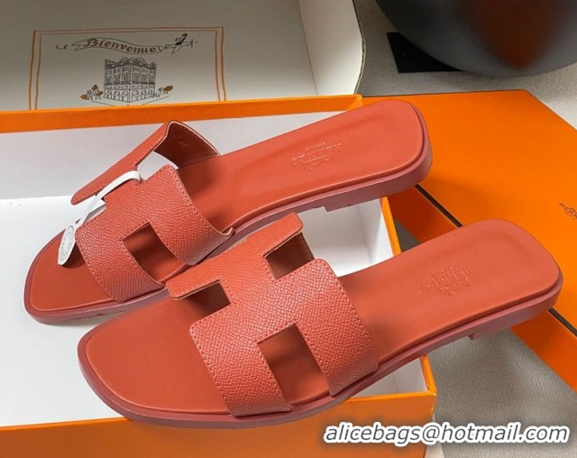 Shop Duplicate Hermes Oran Classic Flat Slides Sandal in Palm-Grained Calfskin Brown 0819022